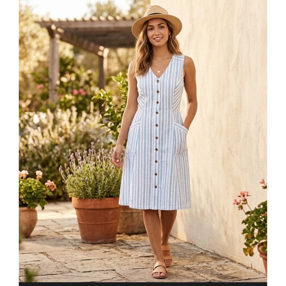 Loft  Striped Button-Front Sleeveless Midi Dress size 8With Pockets - Blue & Whi